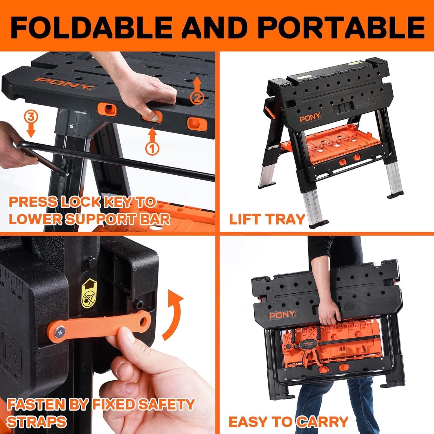 Pony Portable Folding Work Table, 2-in-1 as Sawhorse & Workbench, Load Capacity 1000 lbs-Sawhorse & 500 lbs-Workbench, 31” W×25” D×25”-32”H, with 4pcs Clamps, 4pcs Bench Dogs, 2pcs Safety Straps