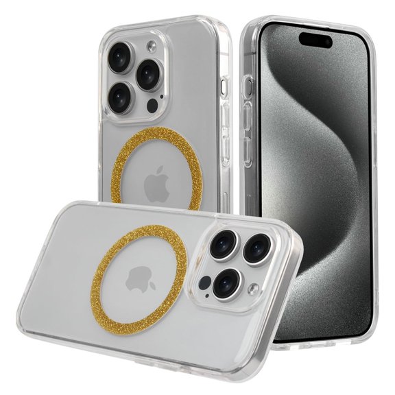 For Apple iPhone 15 Plus Hybrid Transparent Clear Epoxy Glitter Magnetic Circle Compatible with MagSafe Charger Slim TPU Cover ,Xpm Phone Case [ Gold Epoxy ]
