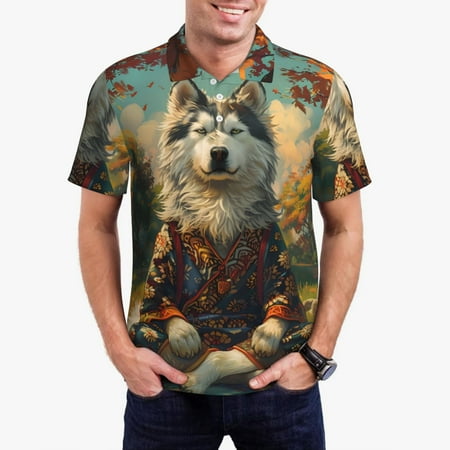 Gaeub Forest Maple Leaf Husky Print Men s Polo Shirts Short Sleeve Golf Performance Shirts Stretchy Golf Shirts Casual Summer Beach Shirts-Medium