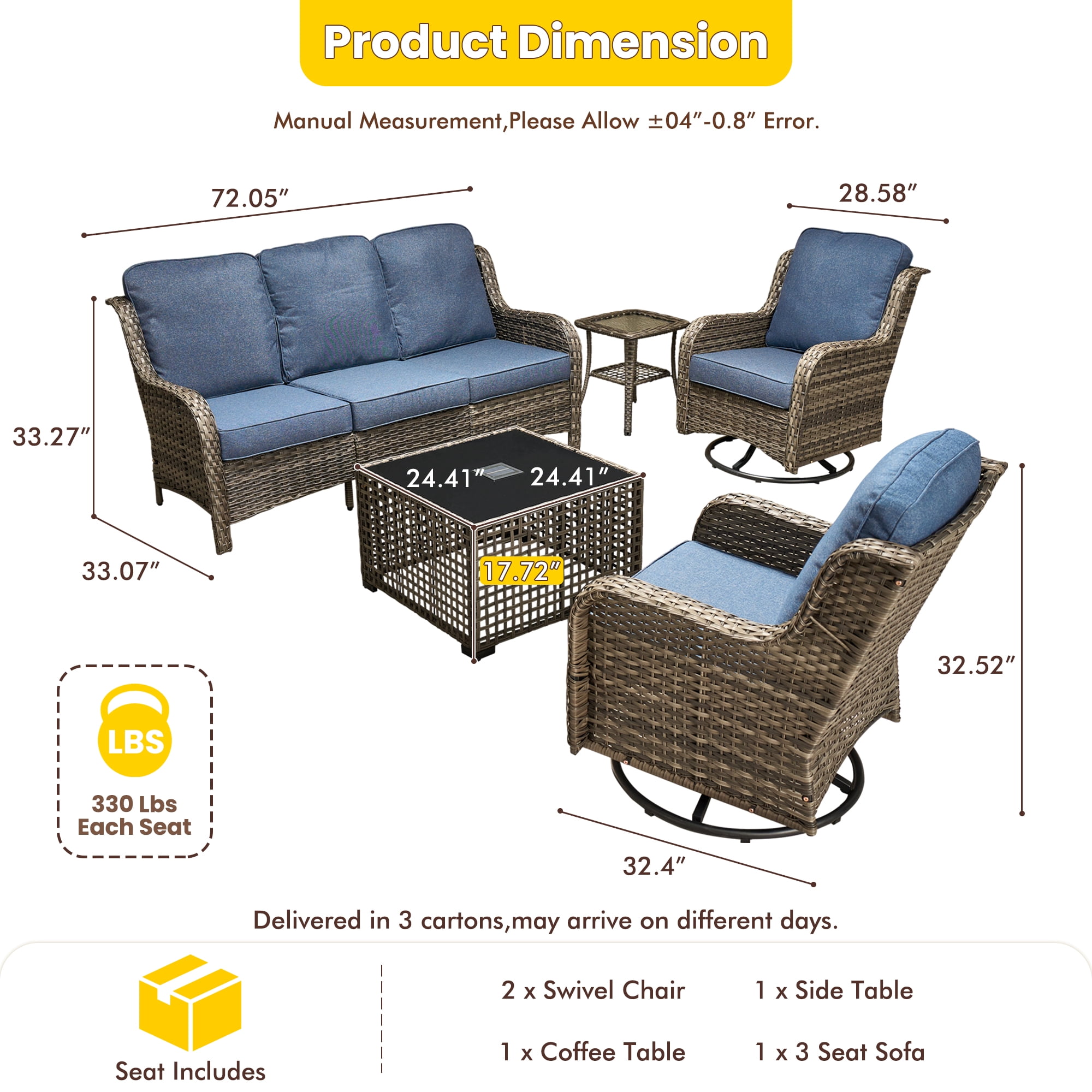 Vcatnet 5 Pieces Patio Outdoor Furniture with Swivel Chairs Wicker Sectional Sofa High-Back Outdoor Conversation Set with Solar Lamp Coffee Table, Denim Blue