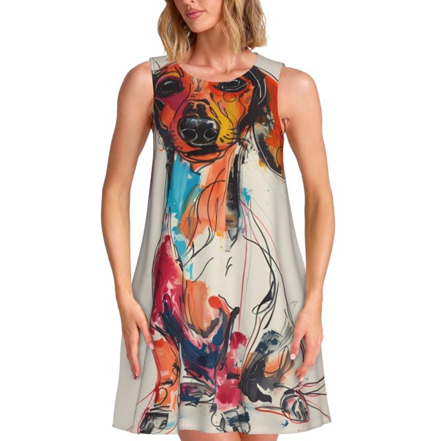 Fotbe Colorful Dachshund Art Vestido de Verano sin Mangas para Mujer – Vestido Midi Línea A, Estilo Camiseta Floral, Vestido Playero Casual y Fluido