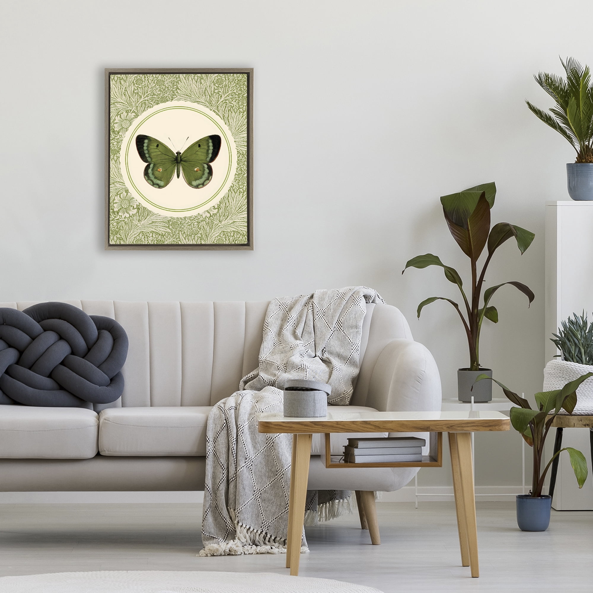 Stupell Industries Green Butterfly Botanical Medallion Brown Framed Floater Canvas Wall Art, design by LSR Design Studio