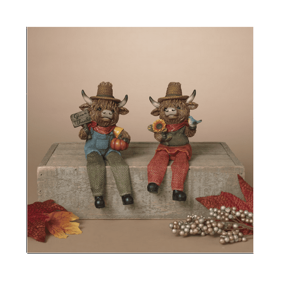 Gerson Fall Decor - Resin Scarecrow Highland Cow Figurines 2pc