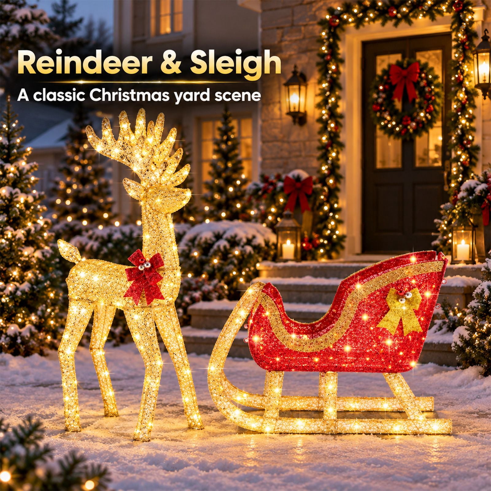 Alvantor Christmas Decoration Lighted Reindeer Sleigh, 180 LEDs, Yard Decor, Gold, 25.6 x 9.1 x 47.6 In