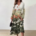 thumbnail image 2 of Women's Autumn Winter Casual Fashion V-Neck Long-sleeved Floral Print Long Dress, Dark Green, Size M, 2 of 5