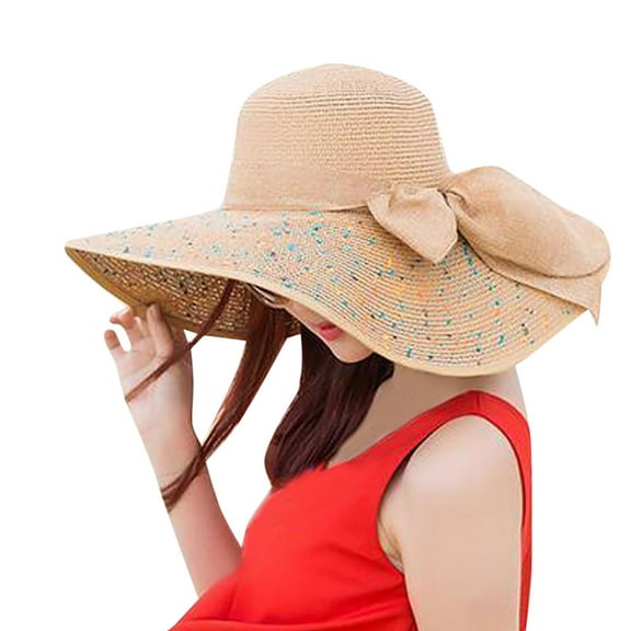 ZHENHONG Sun Hats for Women Colorful Bow Straw Hat Floppy Wide Brim Beach Sunproof Hats Casual Solid Color Headwear Khaki