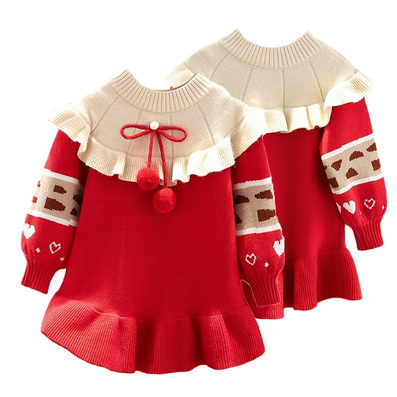 Godderr Kids Toddlers Girls Red Knitted Sweater Dress Baby Ruffle Edge Pullover Casual Dress Kids Puff Sleeve Pleated Red Party Infant Autumn Winter Dress Princess Dress for 9M-6T