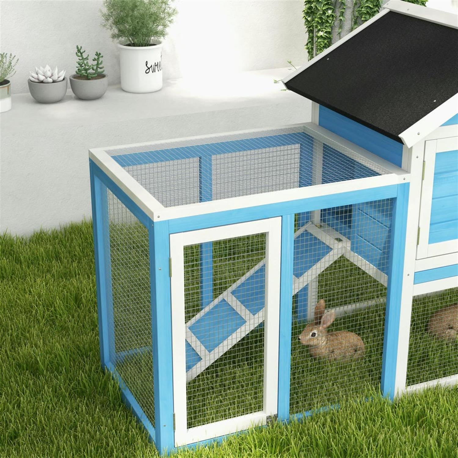 Kadyn 48" Wooden Rabbit Hutch with Slide-out Tray, Outdoor Small Animal Habitat Chicken Coop Bunny Cage for Bunnies, Guinea Pigs, Blue