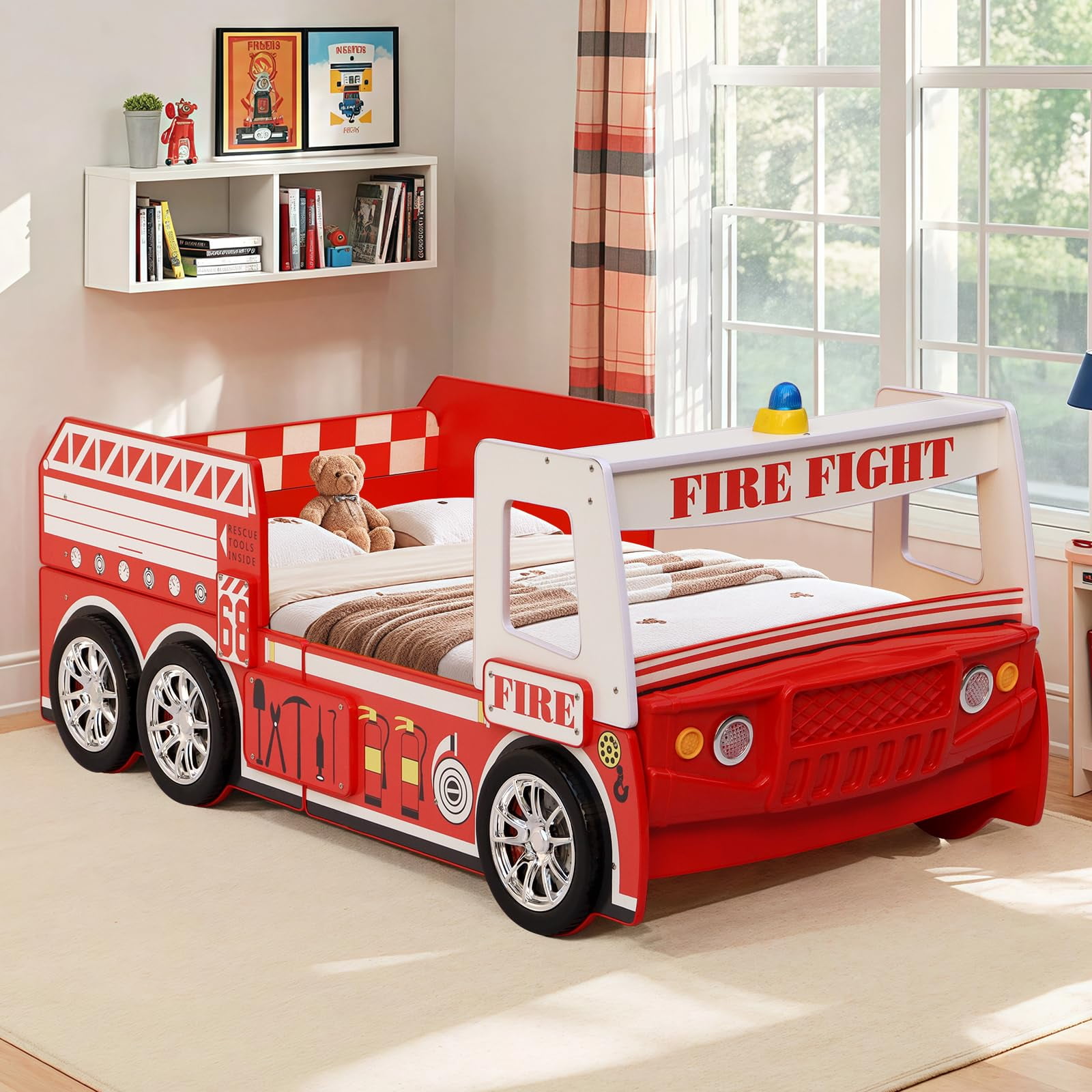Twin Size Fire Truck Bed for Kids - Red Wooden Platform Frame with LED Lights, Wheels & Slat Support ,No Box Spring Needed