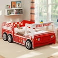 thumbnail image 5 of Twin Size Fire Truck Bed for Kids - Red Wooden Platform Frame with LED Lights, Wheels & Slat Support ,No Box Spring Needed, 5 of 9
