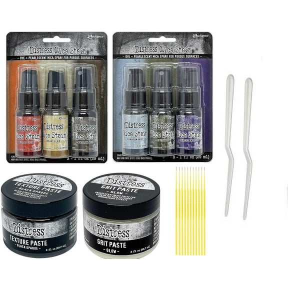 Distress Halloween Bundle - Tim Holtz Distress Mica Stain #5 & #6 with Distress Grip Paste Glow and Texture Paste Black Opaque with 2 Palette Knives and Trebbies Detail Sticks