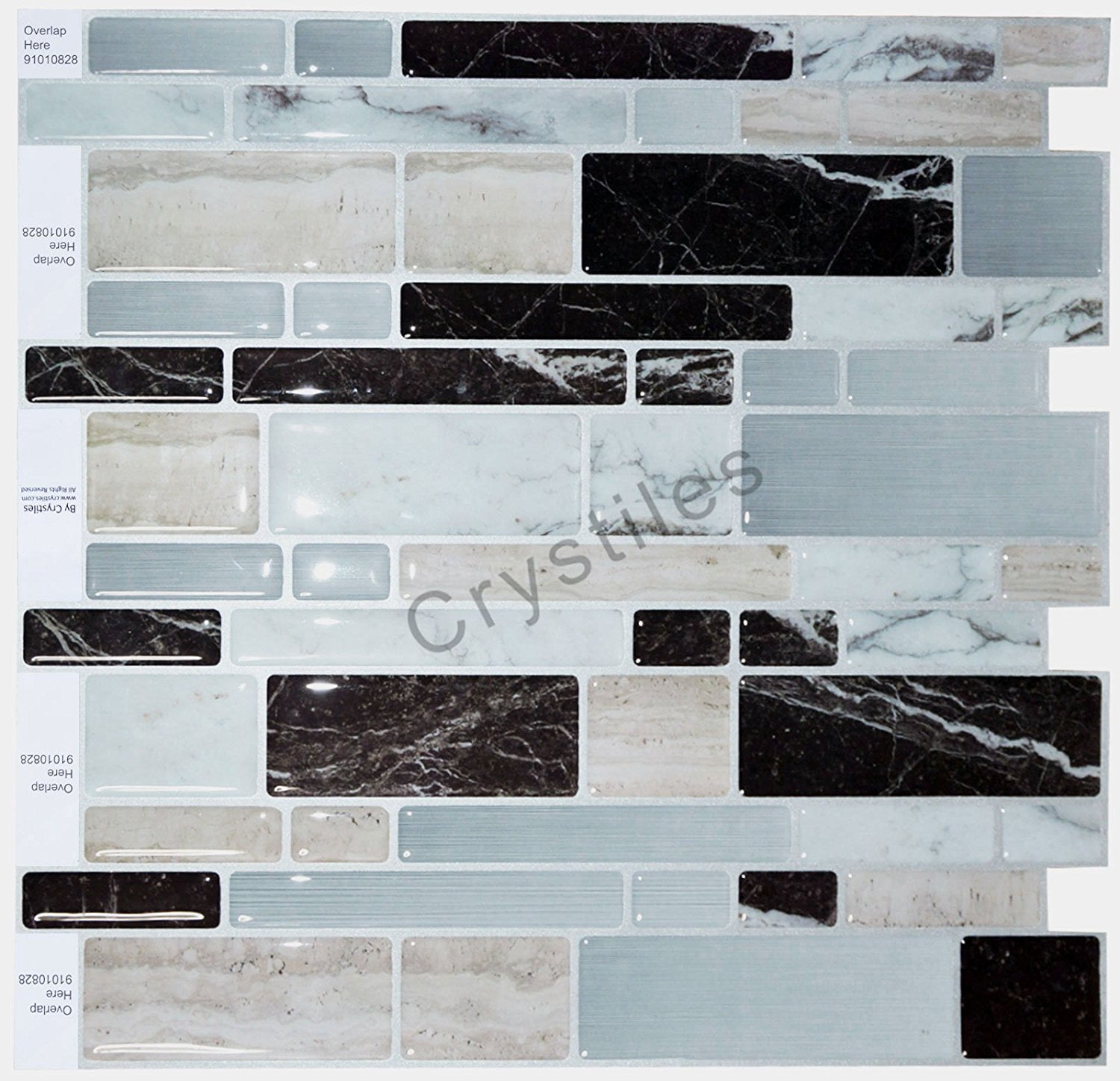 Crystiles® Peel and Stick Self-Adhesive Stick-On Vinyl Wall Tile  Backsplash,Multi-Color Marble, Item# 91010828, 10” X 10” Each, 6 Sheets Pack