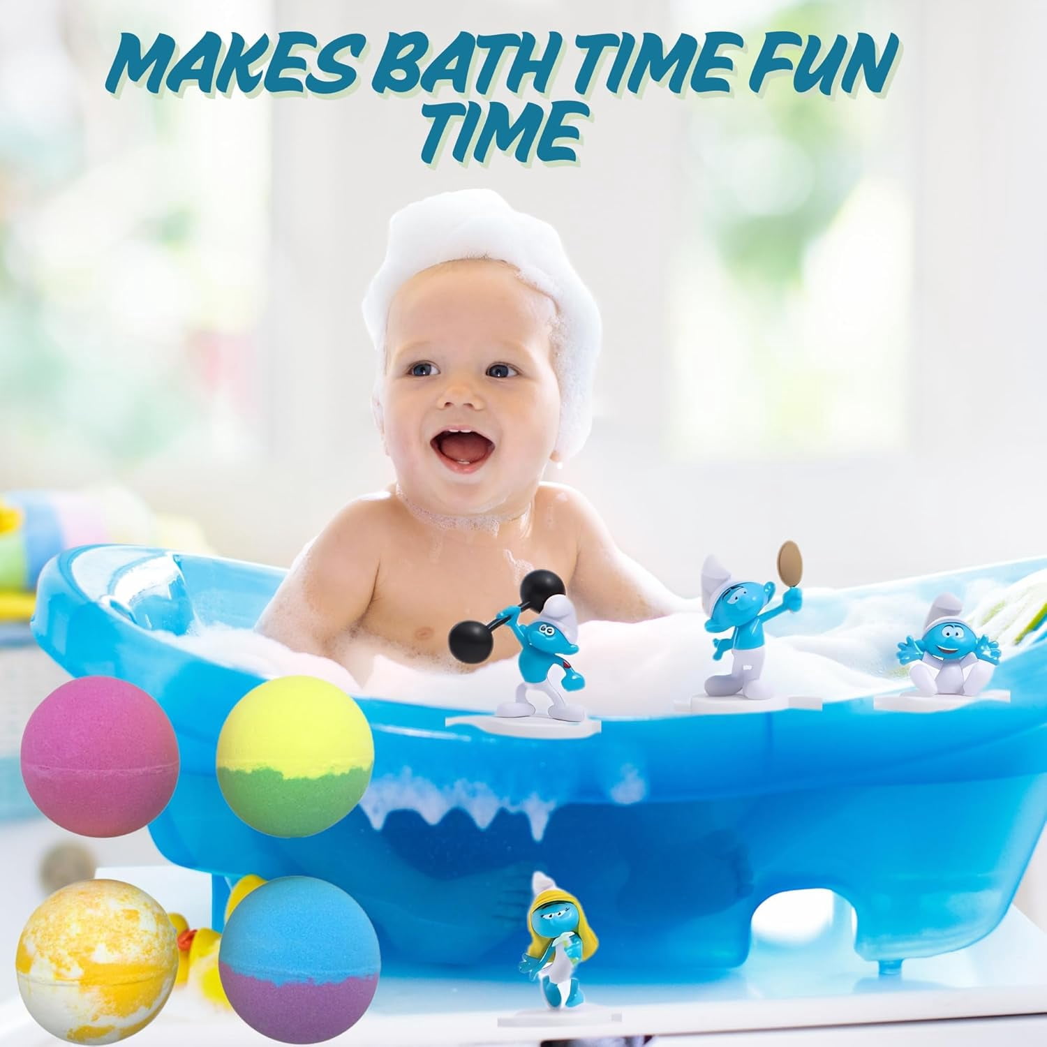 The Smurfs Bath Bombs with Action Figures-Smurfette, Baby Smurf, Hefty Smurf, and Vanity Smurf