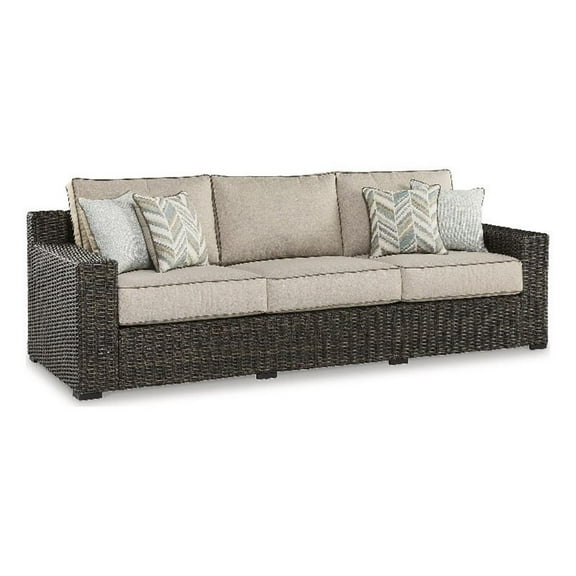 Bowery Hill Coastal Wicker / Rattan Brown Outdoor Sofa with Cushion