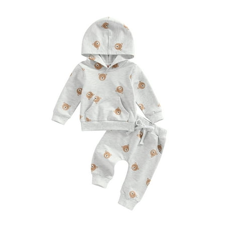 

Musuos Baby Boys Cartoon Bear Print Long Sleeve Hooded Tops Pants Fall Winter Outfits