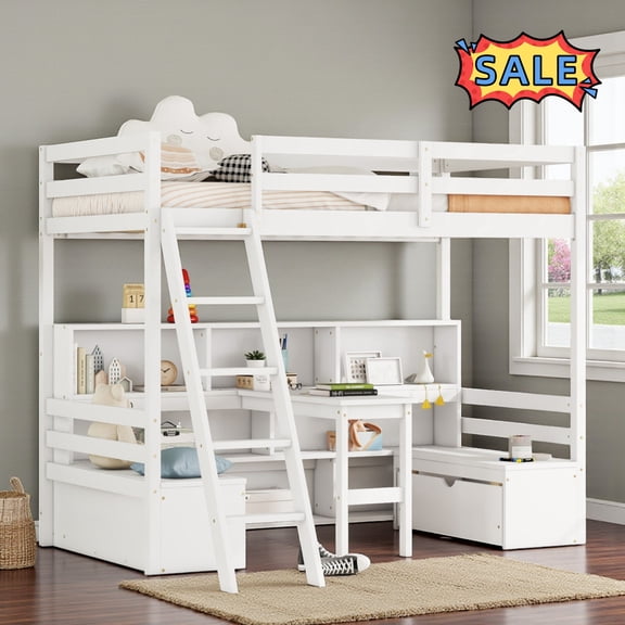 Tcbosik Twin Size Loft Bed with Seat, Desk and Shelves, Bed Frame with Ladder and Guardrail, Wood Slats Support, White