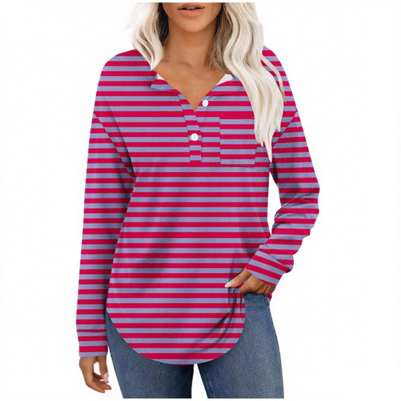Womens Long Sleeve Henley Shirts Curved Hem Casual Striped Tunic Tops with Pocket Fall Winter Trendy Clothes, XXL Watermelon Red