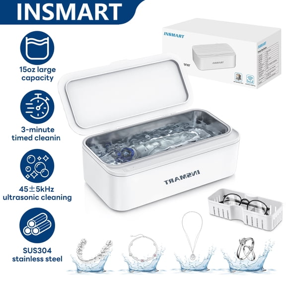 INSMART Ultrasonic Jewelry Cleaner Machine, 45KHz Professional Sonic Cleaning Device with 450ML 304 Stainless Steel Tank, Portable Ultra Sonic Cleaner for Rings, Eyeglasses, Dentures, Coins
