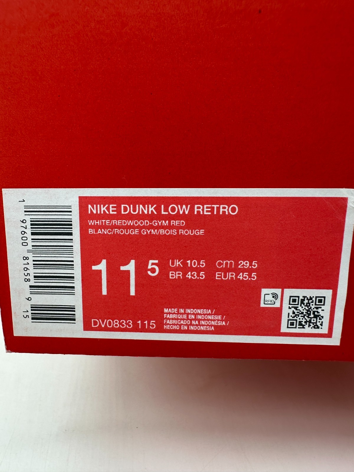 Men's Nike Dunk Low Retro White/Redwood-Gym Red (DV0833 115) - 11.5
