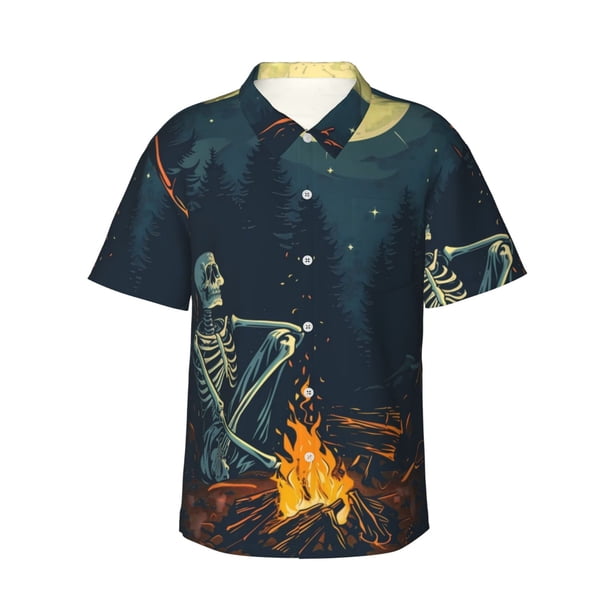 Fotbe Moonlit Skeleton Campfire Camisa Hawaiana para Hombre Unisex – Camisa Casual de Verano con Botones de Manga Corta de Algodón y Lino,Small