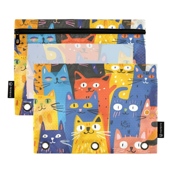2 Pack Pencil Bag 9.84x6.1 Inch 3-Ring Page Turning Folder Zipper Pencil Case Pencil Bag Page Turning File BagColored Cat