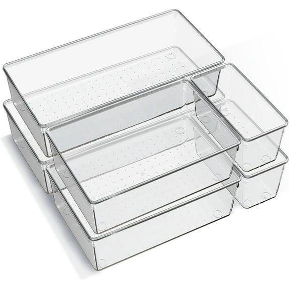 6 Pack Large Clear Plastic Drawer Organizer Trays, Acrylic Kitchen Drawer Organization and Storage Dividers, Non-Slip Storage Bins for Makeup, Kitchen Utensils, Bathroom, Jewelries and Office Desk