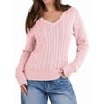 thumbnail image 3 of Women Long Sleeve Cable Knit Sweater Fall Fashion V Neck Fitted Pullover Business Casual Fall Outfits Pink M, 3 of 10