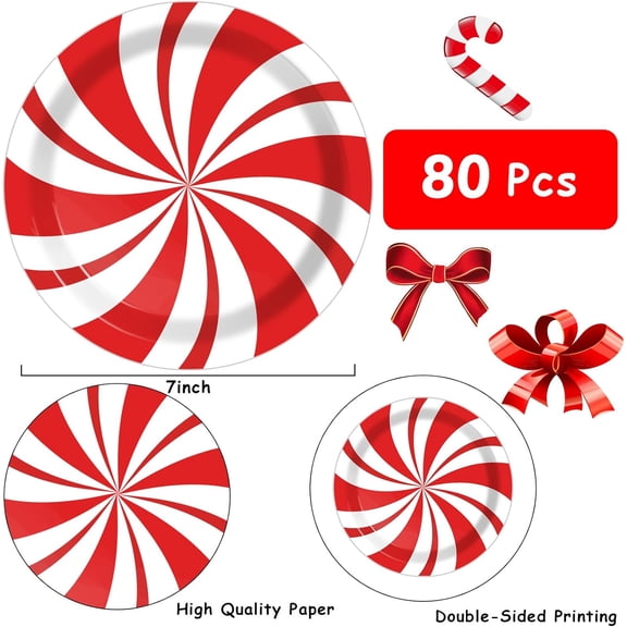 YUYAN-80Pcs Christmas Peppermint Candy Paper Plates Party Supplies Decorations Candy Mint for Happy New Year Holiday Xmas Peppermint Party Supplies Red and White Striped Disposable Paper Tableware