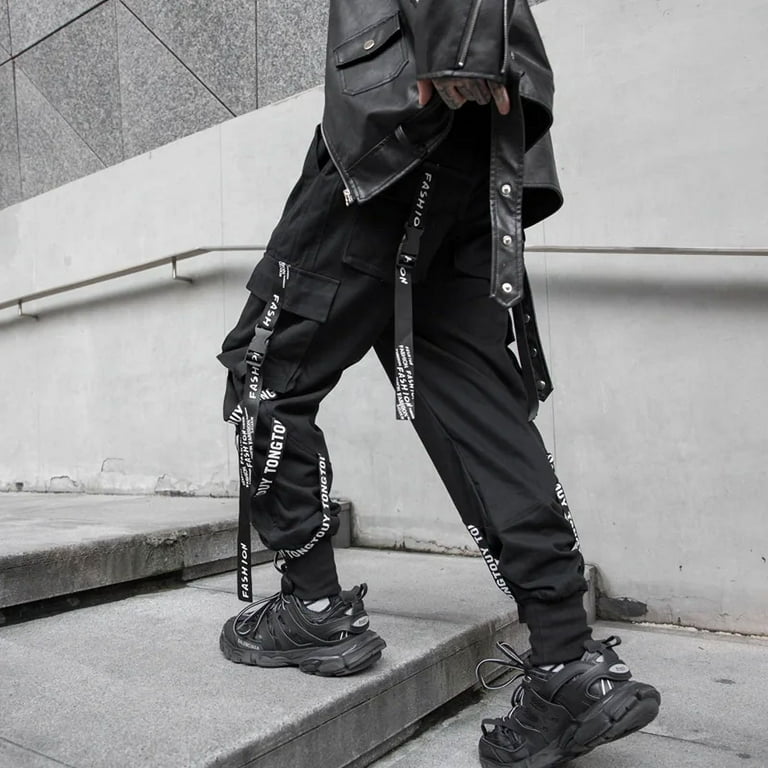 【oan】Black Blue Banding Cargo Pants AnQingLueLv Techwear Cargo Pants Men Joggers Black Cargo