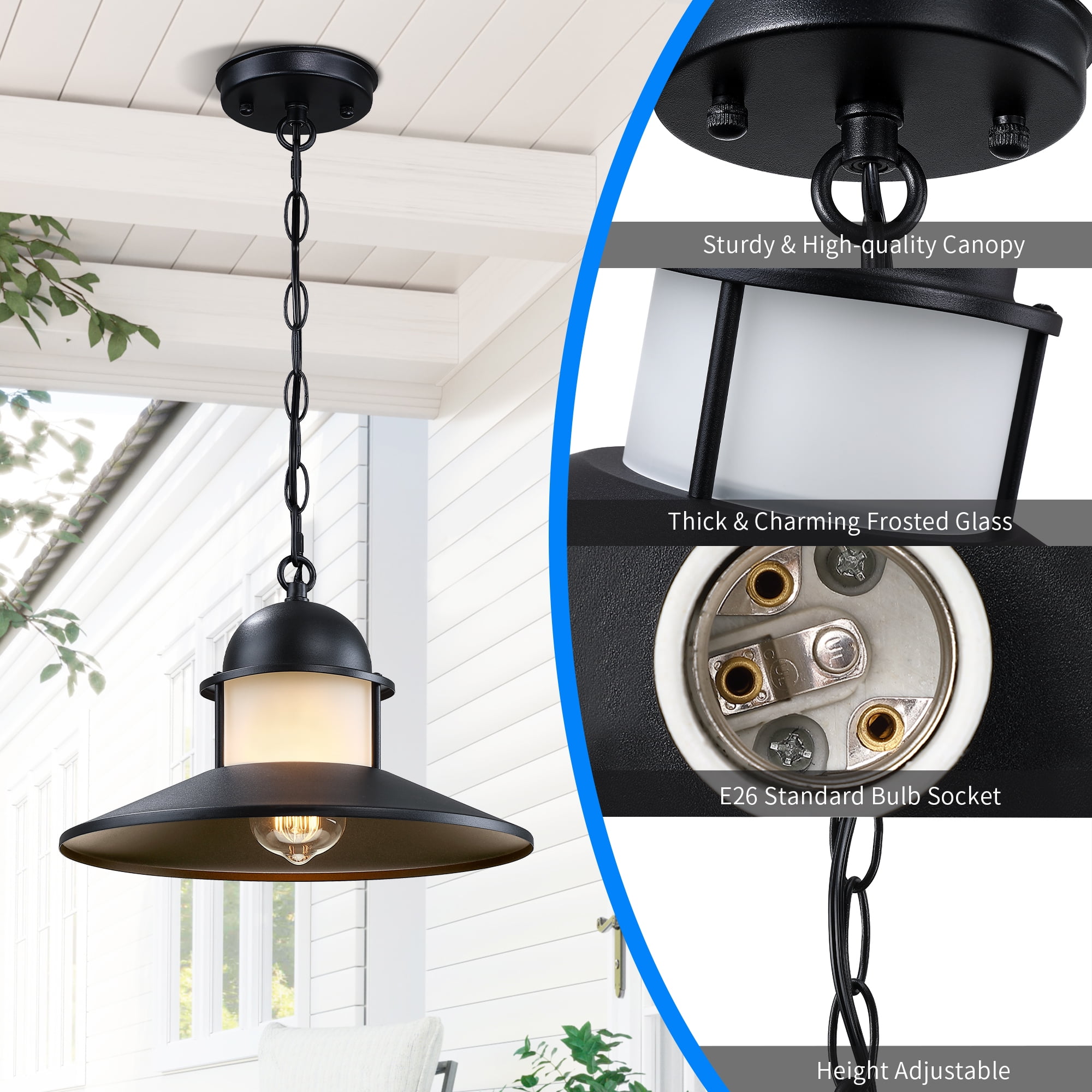 Outdoor Pendant Light 2 Pack, Modern Outside Chandelier Outdoor Hanging Lantern Light in Matte Black with Frosted Glass, Exterior Pendant Lighting Fixture Ceiling Mount for Porch Patio Gazebo