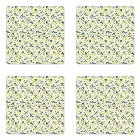 

Birds Coaster Set of 4 Lovebirds Sitting on Tree Branches in Summer Time Friendship Forest Childish Cartoon Square Hardboard Gloss Coasters Standard Size Multicolor by Ambesonne