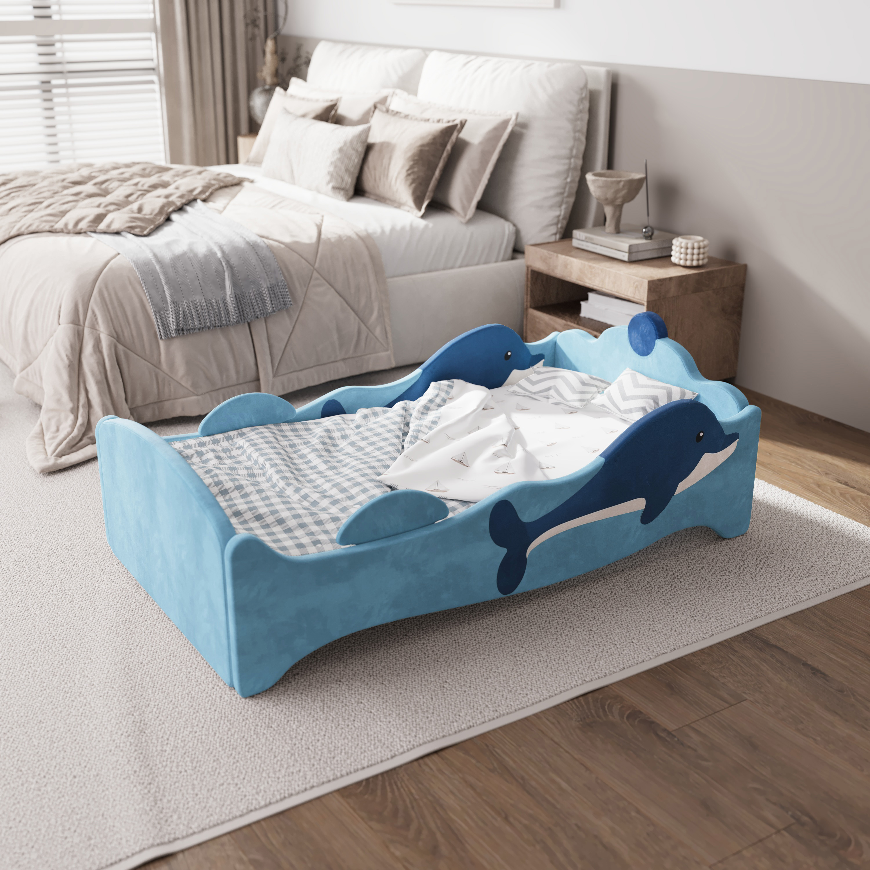 Ages 18+ Months Old Kids with Removable Safety Guard Rails, Low to Ground Design, Certified Fabric Beds (Khaki)