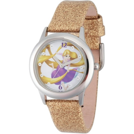 Disney Princess Rapunzel Girls' Stainless Steel Glitz Watch, Gold Glitter Strap