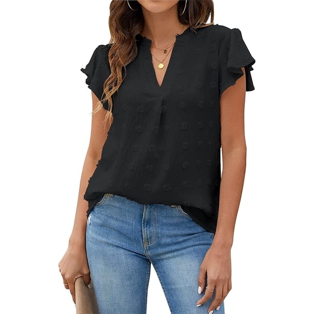 Guardurnaity Elegante camisa de gasa con cuello en V, duradera y elegante para el diario, camisa de tela de ajuste cómodo, camisa corta elegante Prendas para la parte del cuerpo negro XXL