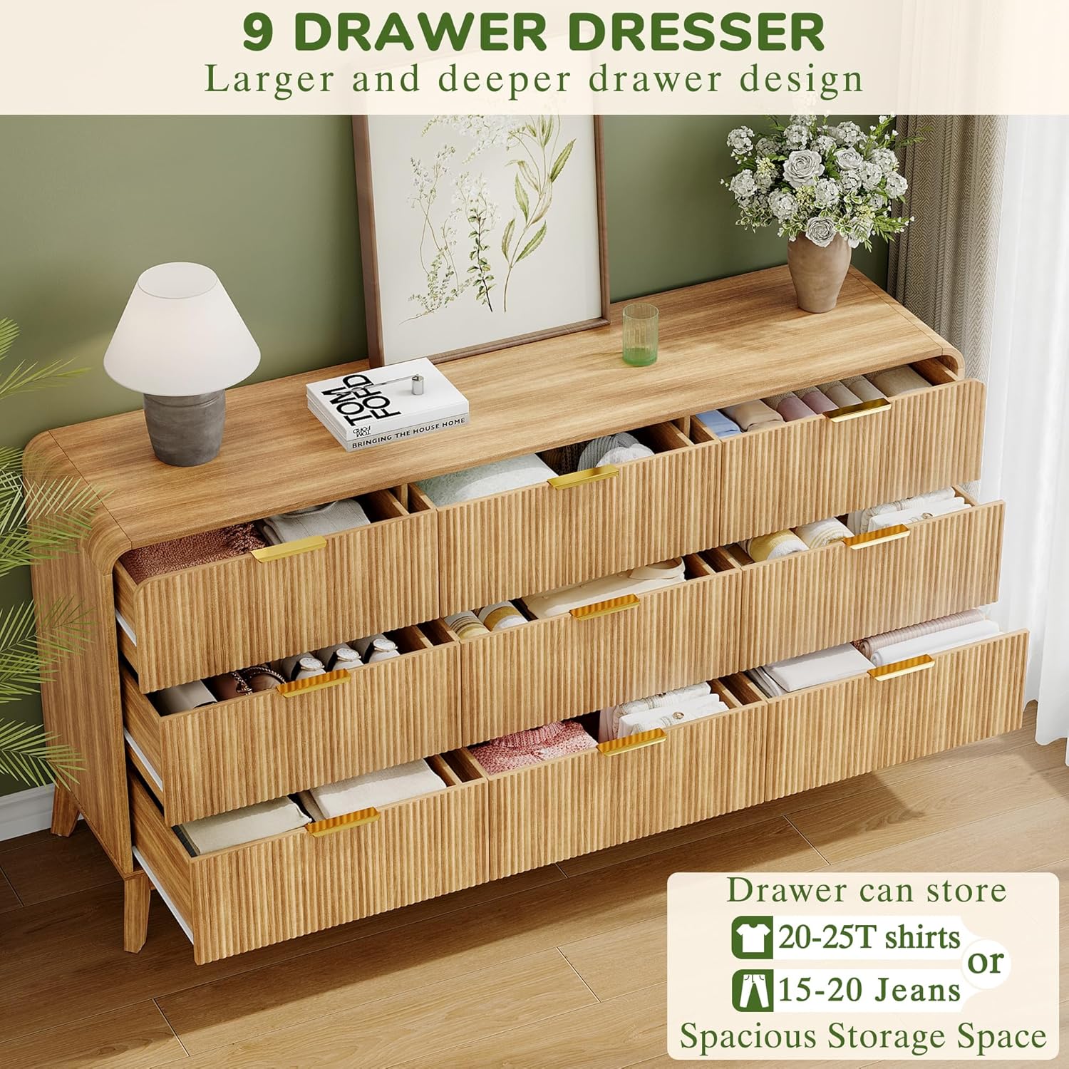 Akaber Modern Dresser, Fluted 9-Drawer Chest of Drawers for Bedroom, 48" Wide Handleless Wooden Dresser TV Stand for Living Room Entryway