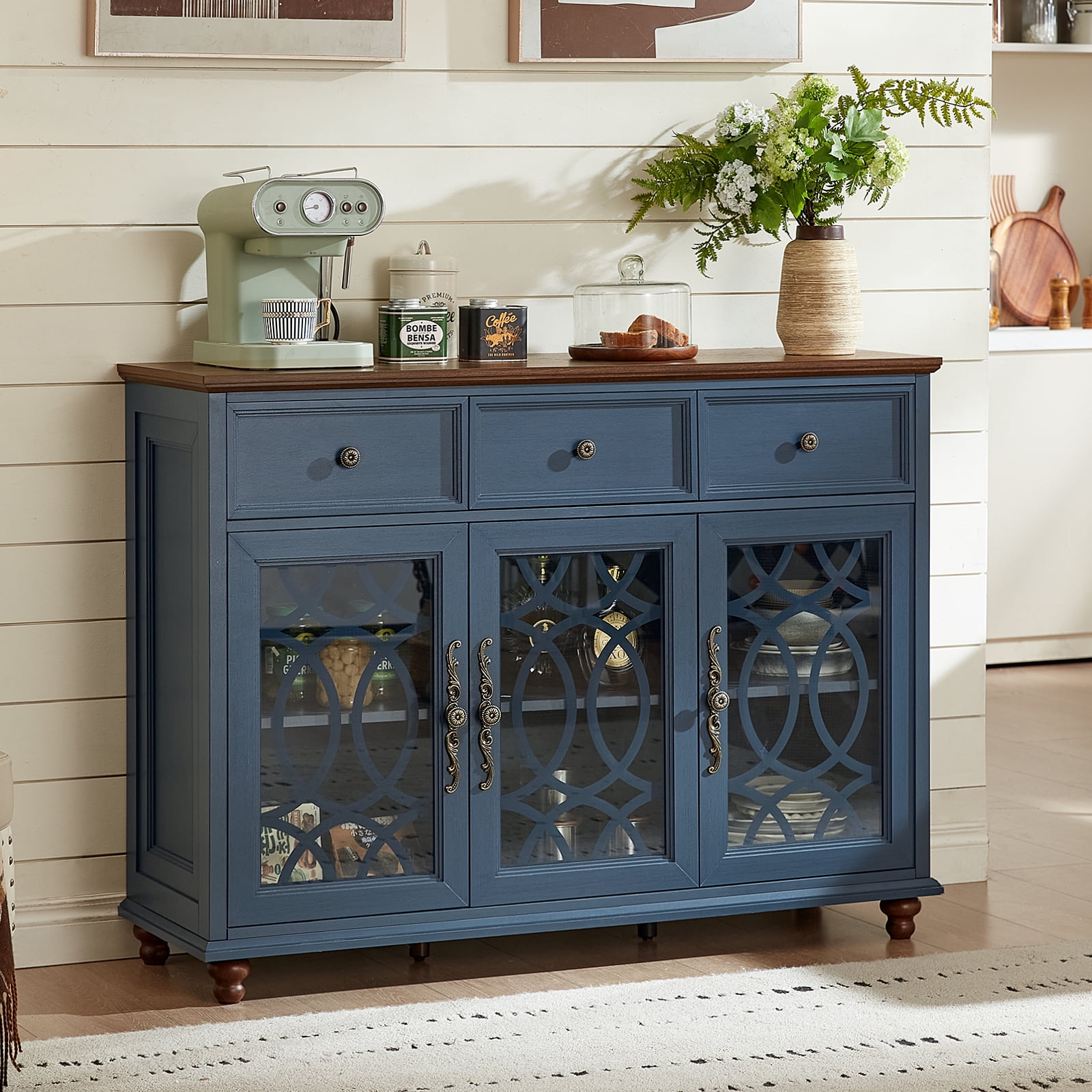 Joaxswe Farmhouse Sideboard Buffet with Pattern Glass Doors, Accent Cabinet Console Table TV Stand, Blue