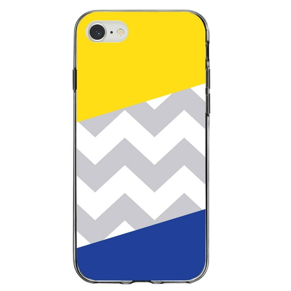 DistinctInk Clear Shockproof Hybrid Case for iPhone 7 8 SE (2020 Model) 4.7" Screen TPU Bumper Acrylic Back Tempered Glass Screen Protector - Blue Yellow Block Grey Chevron - Chevron Stripes Pattern