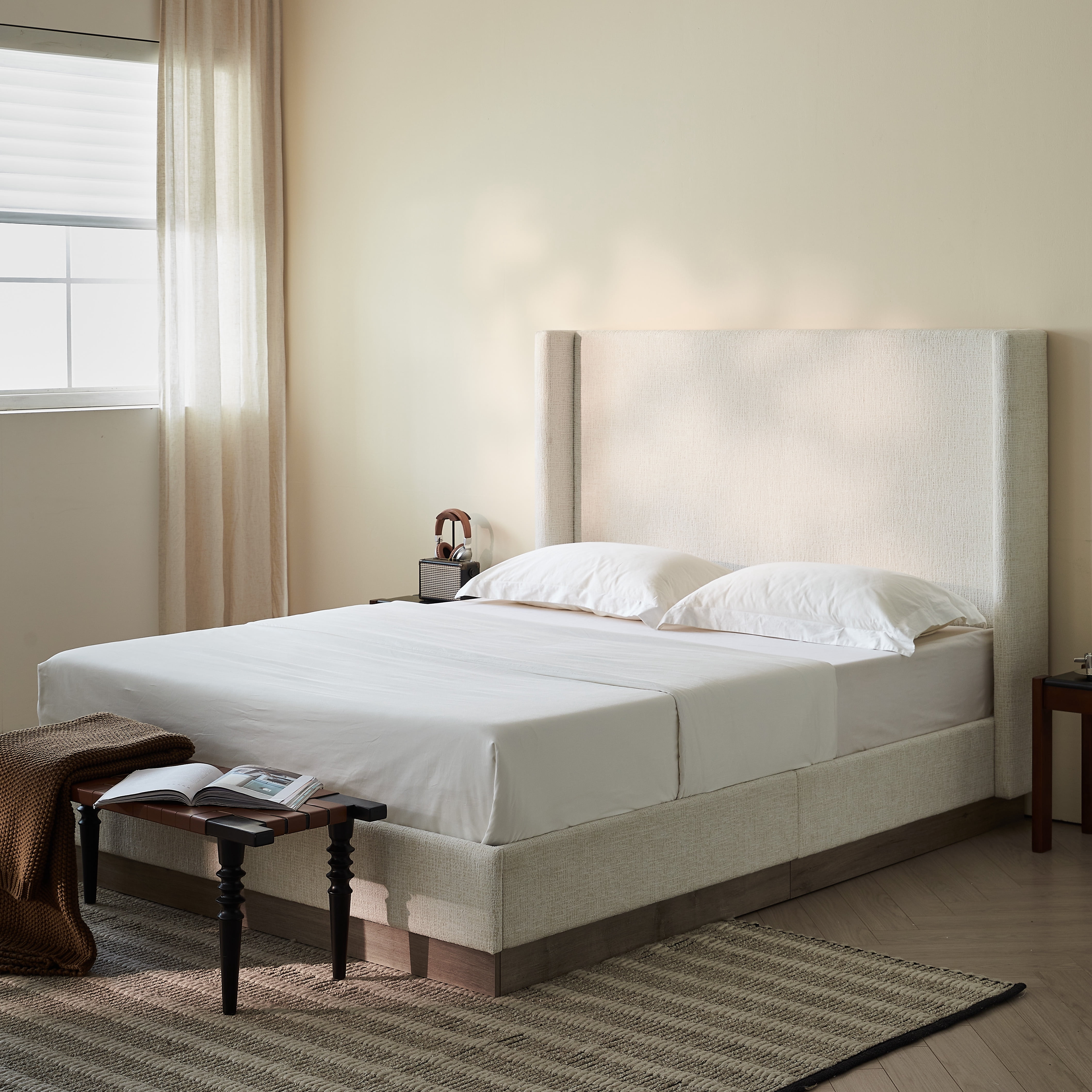 Miniyam Queen Size Upholstered Platform Bed Frame with Wingback Headboard for Adult