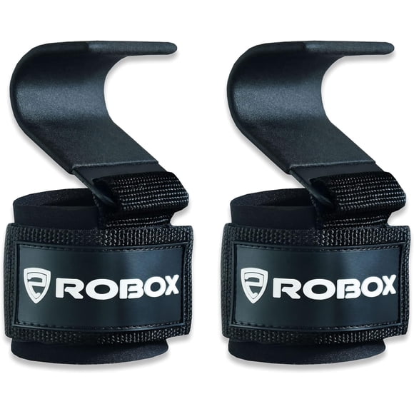 ROBOX Weight Lifting Hooks - Non-Slip Rubber Coated Rod Grip Hooks with Thick Padded Wrist Wraps for Powerlifting, Weightlifting, Deadlifts, Pull ups, Gym for Men and Women (Pair)