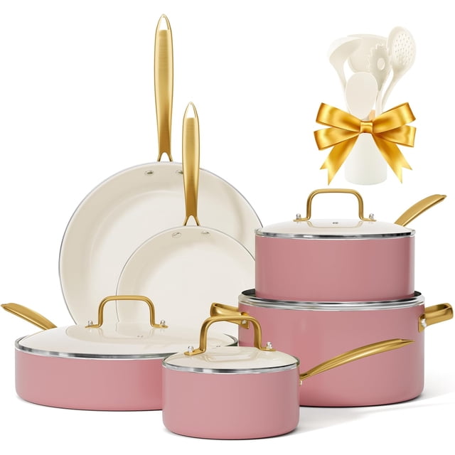 Ceramic Pots and Pans Set - Non Toxic Cookware Set with Cooking Utensils Set, Kitchen Cookware Sets Dutch Oven Pot Saucepan Set Sauté Pan Frying Pan Set for Cooking Pot Gold Kitchenware Gift