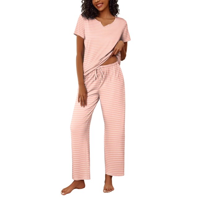 Conjunto de pijama Ekouaer para mujer, manga corta, pantalones largos, color rosa L