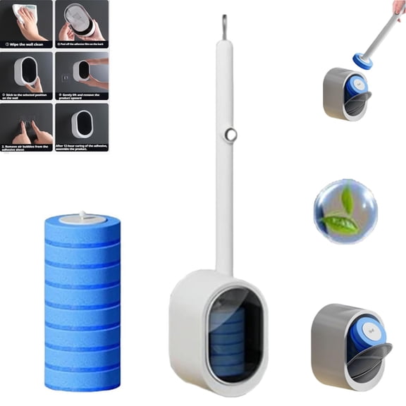 No-Touch Disposable Toilet Scrubber Set, Disposable Wall-Mounted Toilet Brush and Holder Set, 360° Deep Clean, Toilet Brush with Self-Cleaning Disposable Pads, for Bathroom & Toilet