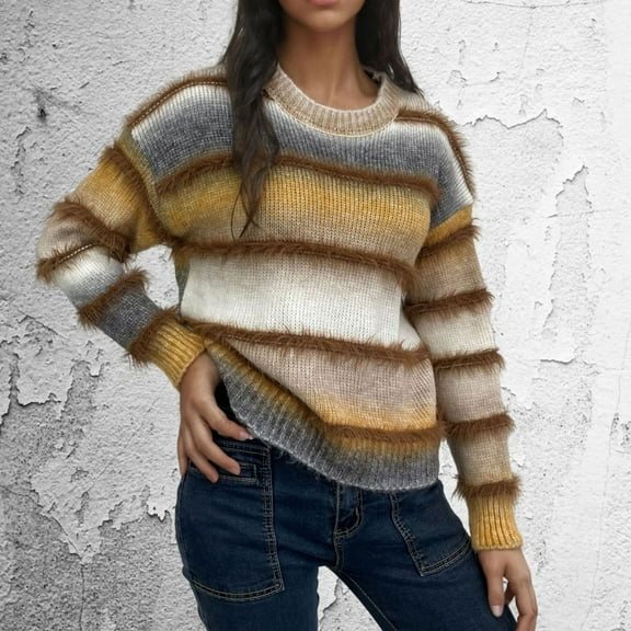 Vetsdori Womens Soft Sweaters Round Pullover Fall and Winter Brown Striped Long Sleeve Tops for Women comfy