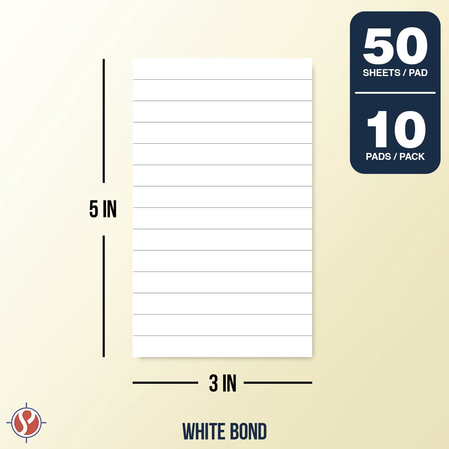 Memo Pads, White, With Black Lines, 50 Sheets Per Pad, 10 Pads (3 x 5)