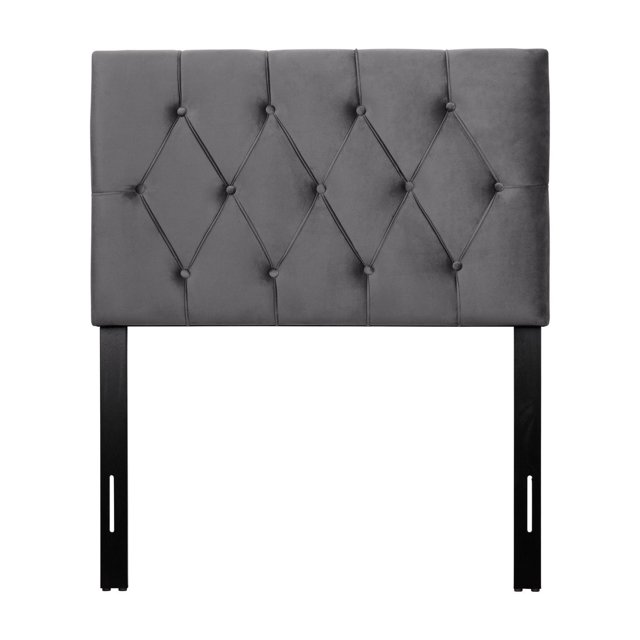 CorLiving Catalina twin size gray velvet headboard featuring a diamond tufted design and black wooden support legs.