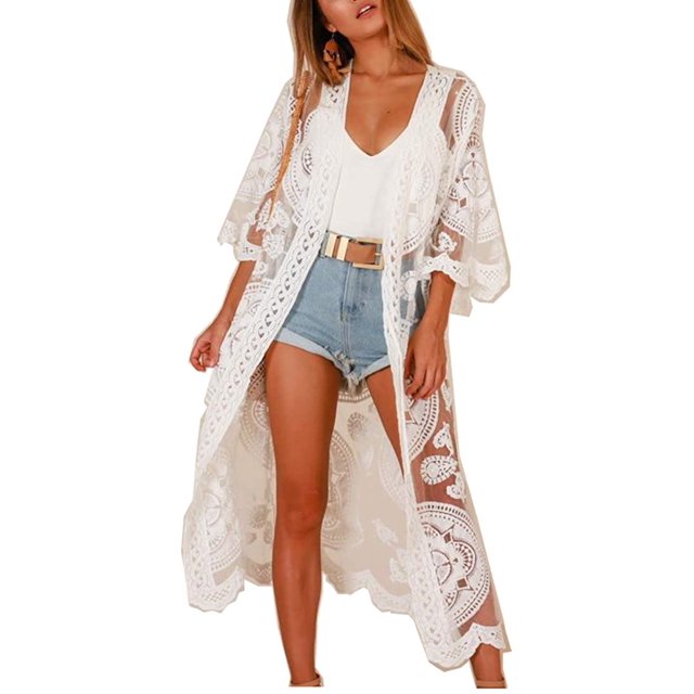 Traje de baño de mujer Cubrir Traje de baño Kimono Falda larga de playa Floral Encaje Bikini Swim Cover Up blanco JAMW Sencillez