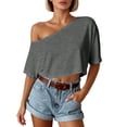 thumbnail image 2 of Off Shoulder T Shirts for Women 2026 Summer Short Sleeve One Shoulder Casual Cropped Tshirt Going out Tops Streetwear, 2 of 6