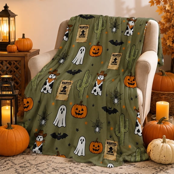 Halloween Green Ghost Pumpkin Bat Flannel Throw Blanket 27.5x39'' | All Season Using Ultra Soft Fuzzy Plush Cozy Halloween Blanket for Couch Sofa Bed Camping, Ideal Halloween Gifts for Family