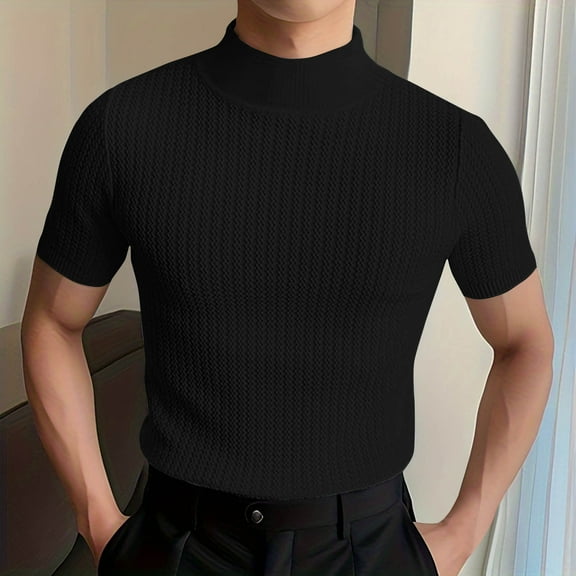 Leesechin Mens Short Sleeve Knit T-Shirts Crew Neck Slim Fit Stretch Pullover Sweater Casual Solid Basic Knitwear