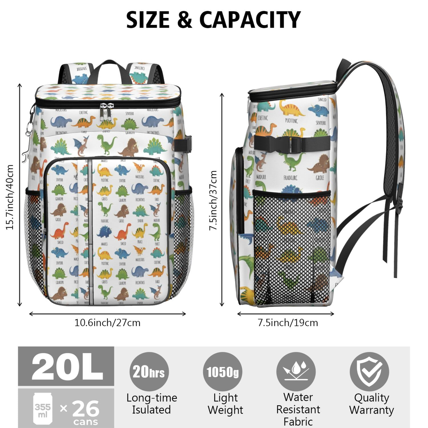 Travel Cooler Bag - White Dinosaurs Random Words Camping Beer Cooler Backpack with Bottle Opener- Waterproof Insulated Picnic Backpacks - Cooler Bag for Beach